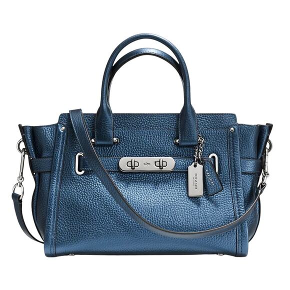 COACH Swagger 27 in Metallic Blue Pebble Leather Satchel Bag - Picture 2 of 14